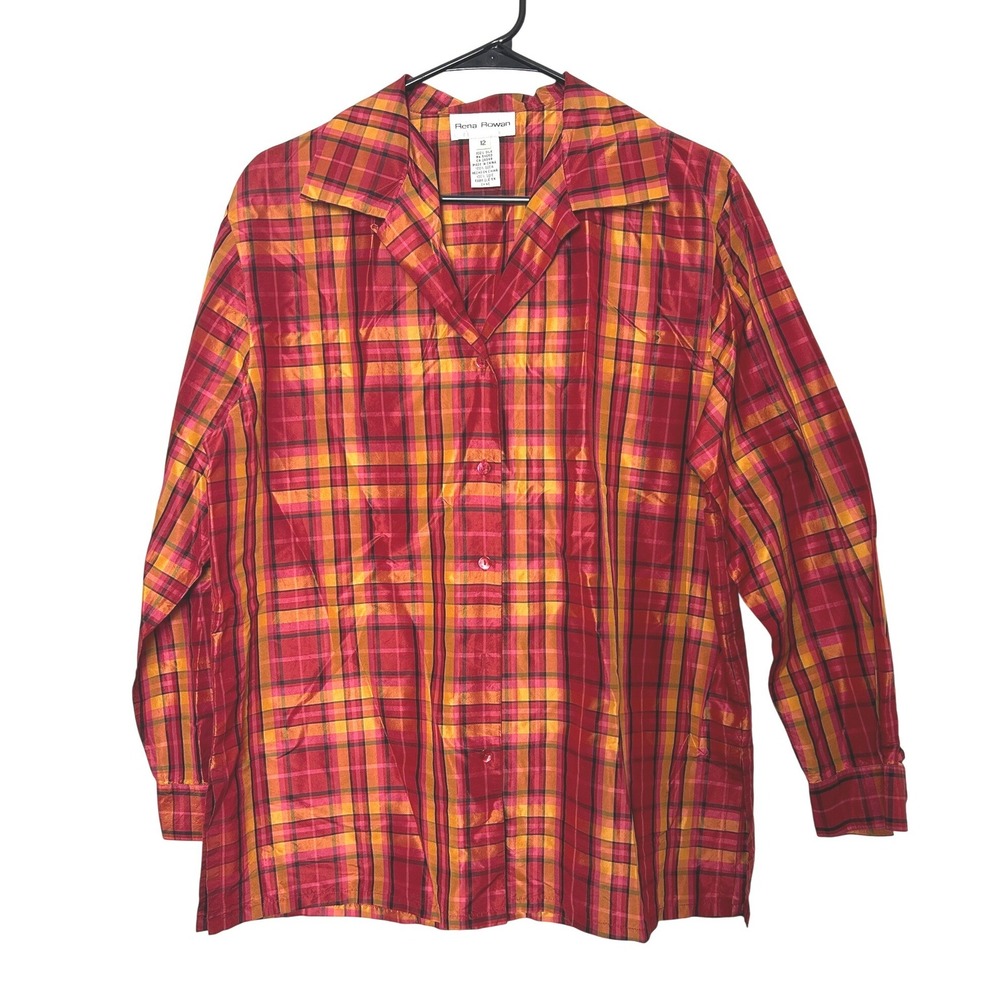 vintage Rena Rowan 100% Silk Plaid Button Down 12 Red autumn Preppy Professional